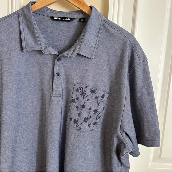 Travis Matthew Mens XXL Blue Oxford Polo Shirt Palm Tree Pocket Print Casual - Picture 4 of 5